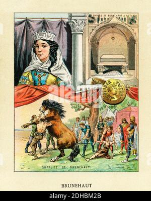 Old color lithography portrait of Brunhilda (543–613) queen consort of Austrasia by marriage to the Merovingian king Sigebert I of Austrasia. Chlothar II in 613 defeated Brunhilda in battle and had her executed by being pulled apart by four horses. France. Les Français Illustres by Gustave Demoulin 1897 Stock Photo