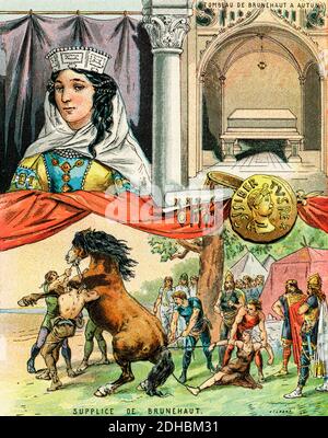 Old color lithography portrait of Brunhilda (543–613) queen consort of Austrasia by marriage to the Merovingian king Sigebert I of Austrasia. Chlothar II in 613 defeated Brunhilda in battle and had her executed by being pulled apart by four horses. France. Les Français Illustres by Gustave Demoulin 1897 Stock Photo