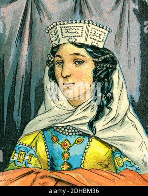 Old color lithography portrait of Brunhilda (543–613) queen consort of Austrasia by marriage to the Merovingian king Sigebert I of Austrasia. Chlothar II in 613 defeated Brunhilda in battle and had her executed by being pulled apart by four horses. France. Les Français Illustres by Gustave Demoulin 1897 Stock Photo