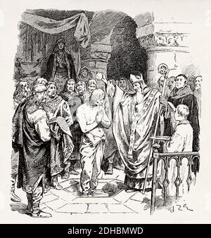 The baptism of Clovis in Rheims. Clovis I (466-511) King of the Franks. France. Old XIX century engraving illustration. Les Français Illustres by Gustave Demoulin 1897 Stock Photo