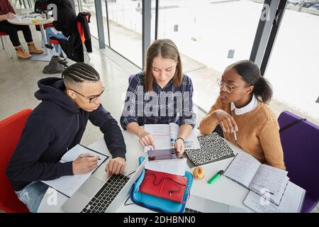 High angle view of students studying at table in university cafeteria Stock Photo