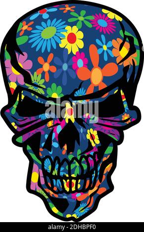 Colorful Hippie Flowers Psychedelic Skull Isolated Vector Illustration Stock Vector