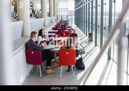 Friends talking while studying together at university cafeteria Stock Photo