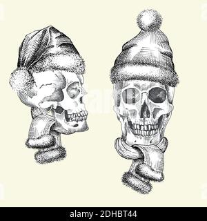 Set Hand drawn sketch human skull with santa hat and fur scarf. Black graphic art isolated on white background. Full face view of head. Engraving art Stock Vector