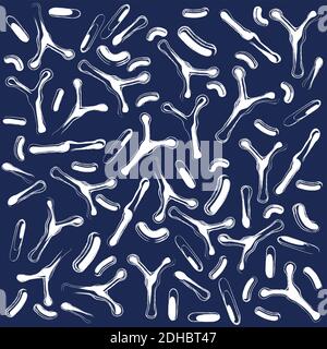 Seamless pattern with bacteria and probiotics. White icon on dark blue background. Vector Illustration. Lactic acid bacterium. Biofilm, Bifidobacteriu Stock Vector