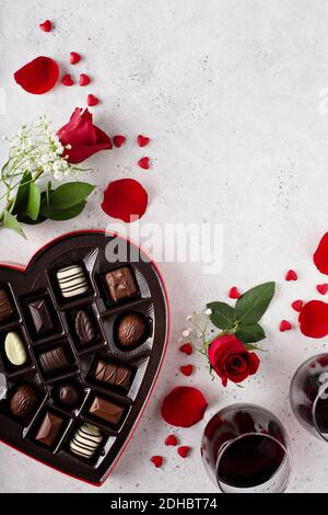 Flowers, candy and wine for Valentine's day Stock Photo