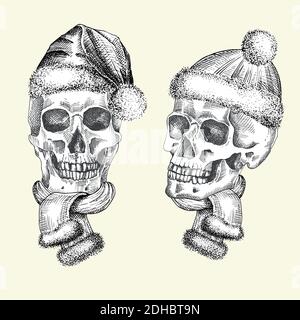 Set Hand drawn sketch human skull with santa hat and fur scarf. Black graphic art isolated on white background. Full face view of head. Engraving art Stock Vector
