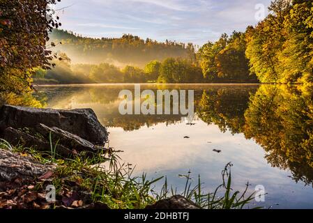 Lake fog landscape with Autumn foliage and tree reflections in Styria, Thal, Austria Stock Photo