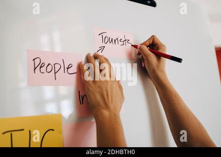 Hands of businesswoman writing on whiteboard while planning at creative office Stock Photo