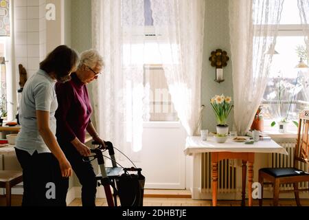 Side view of female healthcare worker assisting elderly woman with rollator in nursing home Stock Photo