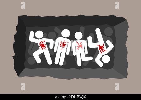 Mass grave after shooting - killed victims are buried in common deep hole in the ground. Execution, war crime and genocide. Vector illustration Stock Photo
