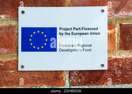 A sign on improvements to Broadstairs seafront records that they were part financed by the European Union. Stock Photo