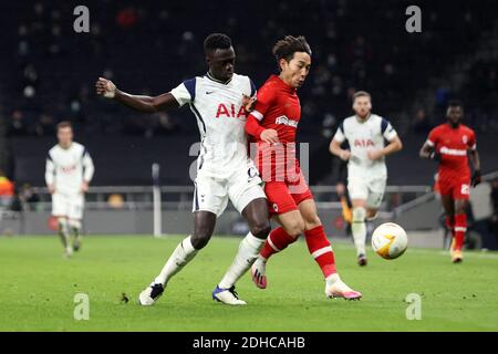 London, UK. 10th Dec, 2020. Koji Miyoshi of Royal Antwerp (R) holds off Davinson Sanchez of Tottenham Hotspur (L). UEFA Europa league, group J match, Tottenham Hotspur v Antwerp at the Tottenham Hotspur Stadium in London on Thursday 10th December 2020. this image may only be used for Editorial purposes. Editorial use only, license required for commercial use. No use in betting, games or a single club/league/player publications. pic by Steffan Bowen/Andrew Orchard sports photography/Alamy Live news Credit: Andrew Orchard sports photography/Alamy Live News Stock Photo