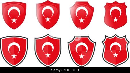 Vertical Turkish flag in shield shape, four 3d and simple versions. Turkey icon / sign Stock Vector