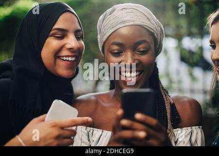 Happy multi-ethnic female friends looking at mobile phone while standing in backyard Stock Photo