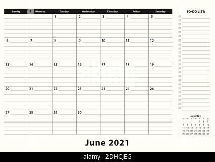 June 2021 Monthly Business Desk Pad Calendar. June 2021 calendar planner with to-do list and place for notes in black and white design. Stock Vector