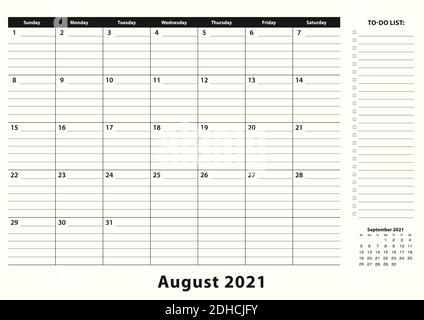 August 2021 Monthly Business Desk Pad Calendar. August 2021 calendar planner with to-do list and place for notes in black and white design. Stock Vector