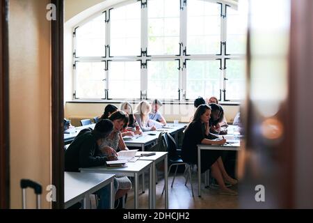 Multi-ethnic students sitting at desks during language class Stock Photo