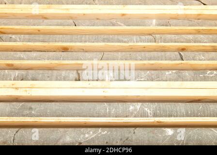 A closeup of the stacked drilled core samples from mines in wooden boxes Stock Photo