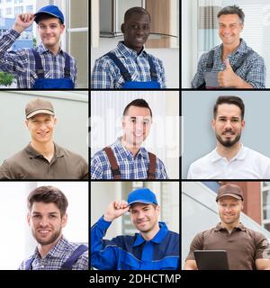 Diverse Workman Engineer Worker Collage Portrait Set Stock Photo