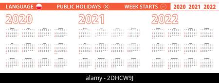 2020, 2021, 2022 year vector calendar in Polish language, week starts on Sunday. Vector calendar. Stock Vector