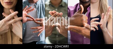 Adults Learning Sign Language For Deaf Disabled Collage Stock Photo