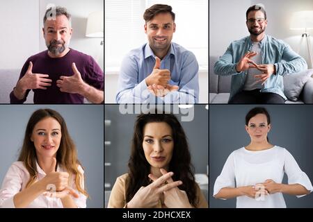 Adults Learning Sign Language For Deaf Disabled Collage Stock Photo