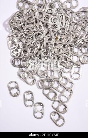 Close up of rings pull aluminum of soda or beer can isolate on white background. Stock Photo