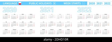 Simple calendar template in Polish for 2020, 2021, 2022 years. Week starts from Monday. Vector illustration. Stock Vector