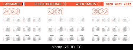2020, 2021, 2022 year vector calendar in French language, week starts on Sunday. Vector calendar. Stock Vector