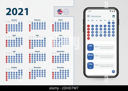Calendar application for Smartphone. Vector calendar 2021 week starts from Sunday, English language. Vector illustration. Stock Vector