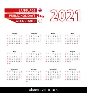 Calendar 2021 in English language with public holidays the country of Canada in year 2021. Week starts from Sunday. Vector Illustration. Stock Vector