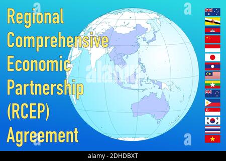 Regional Comprehensive Economic Partnership, RCEP map in the globe with national flags, vector illustration Stock Vector