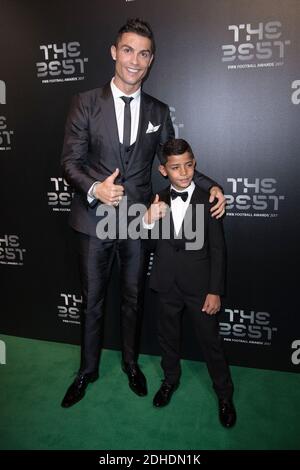 Real Madrid forward Cristiano Ronaldo and his son Cristiano Ronaldo Jr arriving on the Green Carpet at the Best FIFA Football Awards at Palladium Theater, London, UK, on October 23, 2017. Photo by Henri Szwarc/ABACAPRESS.COM Stock Photo