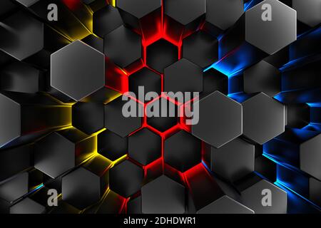 Black wall of honeycombs. Chaotic Cubes Wall Background. Panorama with high resolution wallpaper. 3d Render Illustration Stock Photo