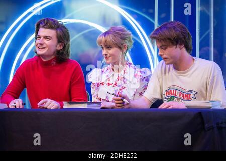 Actor Joe Keery, actress Natalia Dyer and actor Charlie Heaton from Stranger Things Netflix tv series at Playstation Stand during Paris Games Week 2017 on November 02, 2017 in Paris, France. Photo by Nasser Berzane/ABACAPRESS.COM Stock Photo