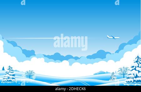 Blue sky with clouds and an airplane flying over snowy landscape. Airliner over an winter plain with trees. Illustration, vector Stock Vector
