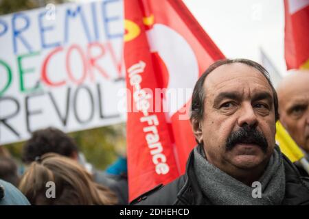 French workers' union General Confederation of Labour (CGT) Secretary-General Philippe Martinez attends a demonstration as part of a nationwide protest day against the government's economic and social reforms, on November 16, 2017 in Paris Photo byELIOT BLONDET/ABACAPRESS.COM Stock Photo