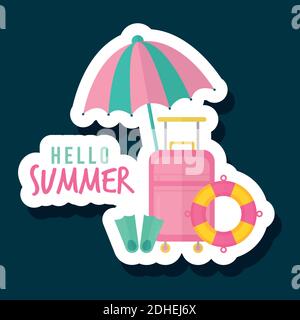 hello summer lettering with bundle of summer icons over a blue background Stock Vector