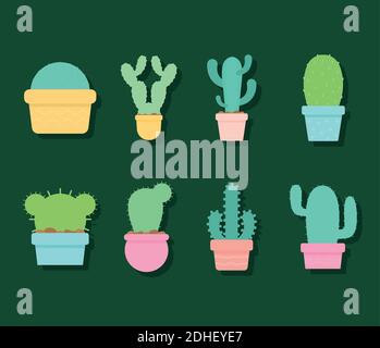 set of eight cactus icons over a green background Stock Vector