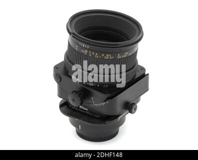 Nikon PC-Micro Nikkor 85mm 2.8D tilt & shift camera lens cut out isolated on white background Stock Photo