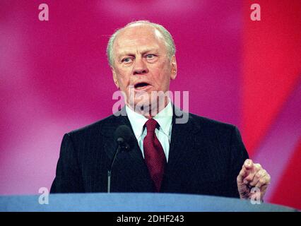 Former United States President Gerald R. Ford speaks at the 1996 Republican National Convention at the San Diego Convention Center in San Diego, CA, USA, on August 12, 1996. Photo by Ron Sachs / CNP/ABACAPRESS.COM Stock Photo