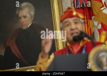 Navajo code talker, Peter MacDonald speaks during an event hosted by President Donald Trump, honoring the Native American code talkers in the Oval Office of the White House, on October 27, 2017 in Washington, DC, USA. Photo by Oliver Contreras/Pool/ABACAPRESS.COM Stock Photo