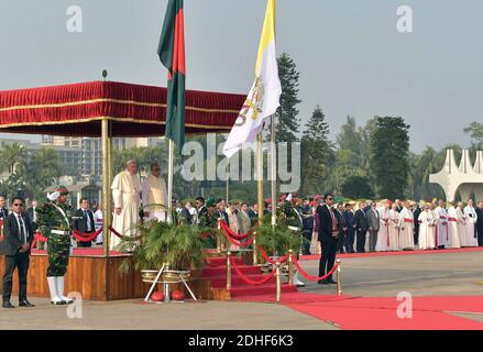 Pope Francis is welcomed by Bangladesh's President Abdul Hamid after his arrival in Dhaka, Bangladesh for the second leg of his six-day trip to Asia on November 30, 2017. Pope Francis' visit to Myanmar and Bangladesh runs from 27 November to 02 December 2017. Photo by ABACAPRESS.COM Stock Photo