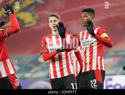 Eindhoven, Netherlands. 10th Dec, 2020. Denzel Dumfries (PSV) and Adria Fein of PSV after 2-0 during Uefa Europa League PSV Eindhoven vs Omonoia FC on December 10, 2020 in Eindhoven, Netherlands Photo by SCS/Soenar Chamid/AFLO (HOLLAND OUT) Credit: Aflo Co. Ltd./Alamy Live News Stock Photo