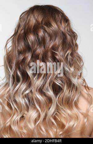Woman from backside on gray background. Female with curly hair Stock Photo