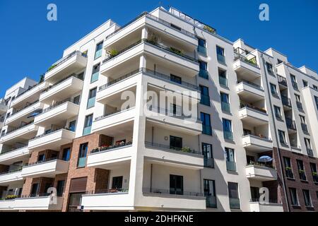Modern apartment buildings with big balconies seen in Berlin, Germany ...