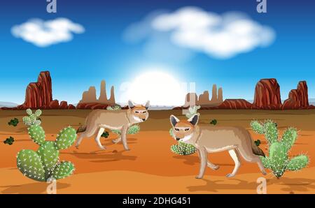 Desert with rock mountains and coyote landscape at day scene illustration Stock Vector