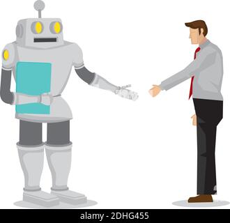 Human and robot hand shaking. Concept of negotiating business, cooperation, collaboration, teamwork, communication or partnership with a robot. Isolat Stock Vector