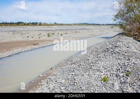 Run-of-river irrigation extraction from the Waimakariri River, Canterbury, South Island New Zealand. For Corporate Dairying. Stock Photo